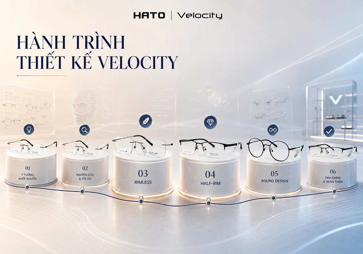 Kho lưu trữ Velocity và infographic hành trình thiết kế kính Velocity với các dòng kính nổi bật gồm Rimless, Half-Rim và Round Design.