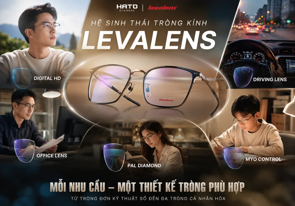 Hệ sinh thái tròng kính Levalens gồm Digital HD, Office Lens, Driving Lens, PAL Diamond và Myo Control, phù hợp cho từng nhu cầu thị giác.