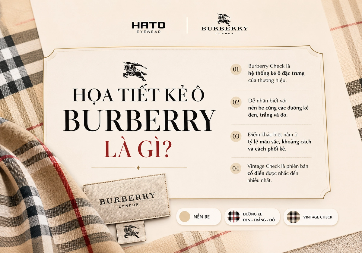 Họa tiết kẻ ô Burberry Check với nền be, đường kẻ đen, trắng và đỏ, minh họa đặc điểm của Vintage Check tại Hato Eyewear.