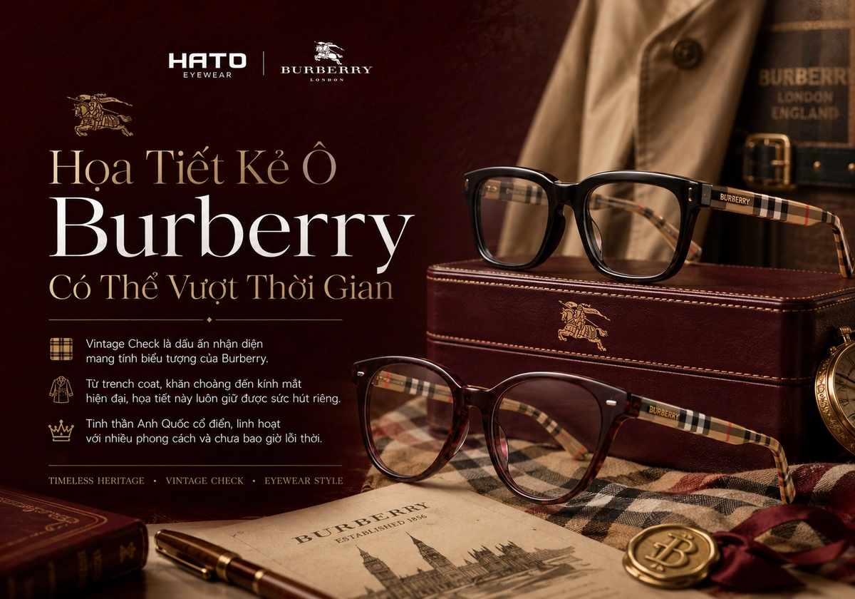 Họa tiết kẻ ô Burberry vượt thời gian trên gọng kính cao cấp, thể hiện tinh thần Anh Quốc cổ điển và dấu ấn Vintage Check đặc trưng.
