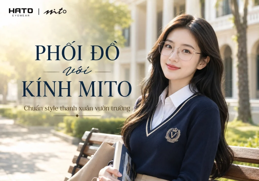 Ảnh đại diện blog thời trang kính mắt cao cấp với hình ảnh cô gái trẻ đeo kính gọng Mito thanh mảnh trong phong cách Korean campus fashion. Nhân vật diện sơ mi trắng kết hợp áo len cổ chữ V màu xanh navy, ngồi trong khuôn viên đại học hiện đại với ánh nắng nhẹ, thể hiện rõ tinh thần preppy trẻ trung, thanh lịch và dễ ứng dụng.