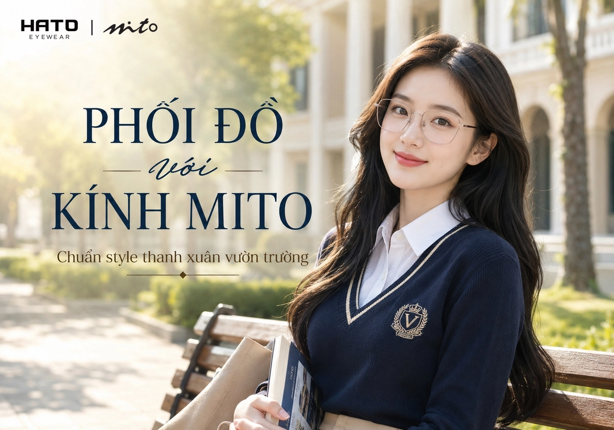 Ảnh đại diện blog thời trang kính mắt cao cấp với hình ảnh cô gái trẻ đeo kính gọng Mito thanh mảnh trong phong cách Korean campus fashion. Nhân vật diện sơ mi trắng kết hợp áo len cổ chữ V màu xanh navy, ngồi trong khuôn viên đại học hiện đại với ánh nắng nhẹ, thể hiện rõ tinh thần preppy trẻ trung, thanh lịch và dễ ứng dụng.