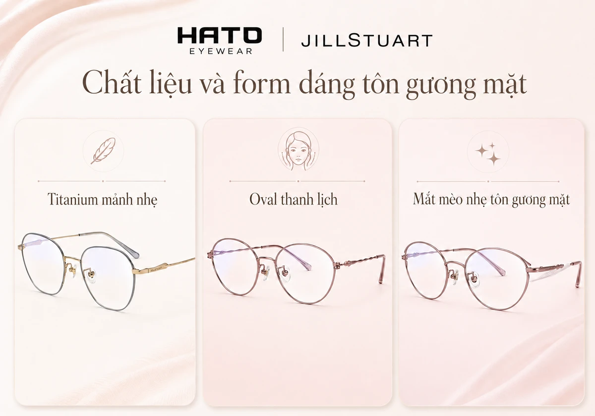 Infographic chất liệu và form dáng gọng kính nữ Jill Stuart Eyewear với titanium mảnh nhẹ, oval thanh lịch và mắt mèo nhẹ tôn gương mặt.