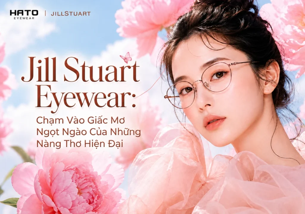 Người mẫu nữ đeo gọng kính Jill Stuart Eyewear dáng oval thanh lịch trong khung cảnh hoa hồng pastel ngọt ngào tại Hato Eyewear