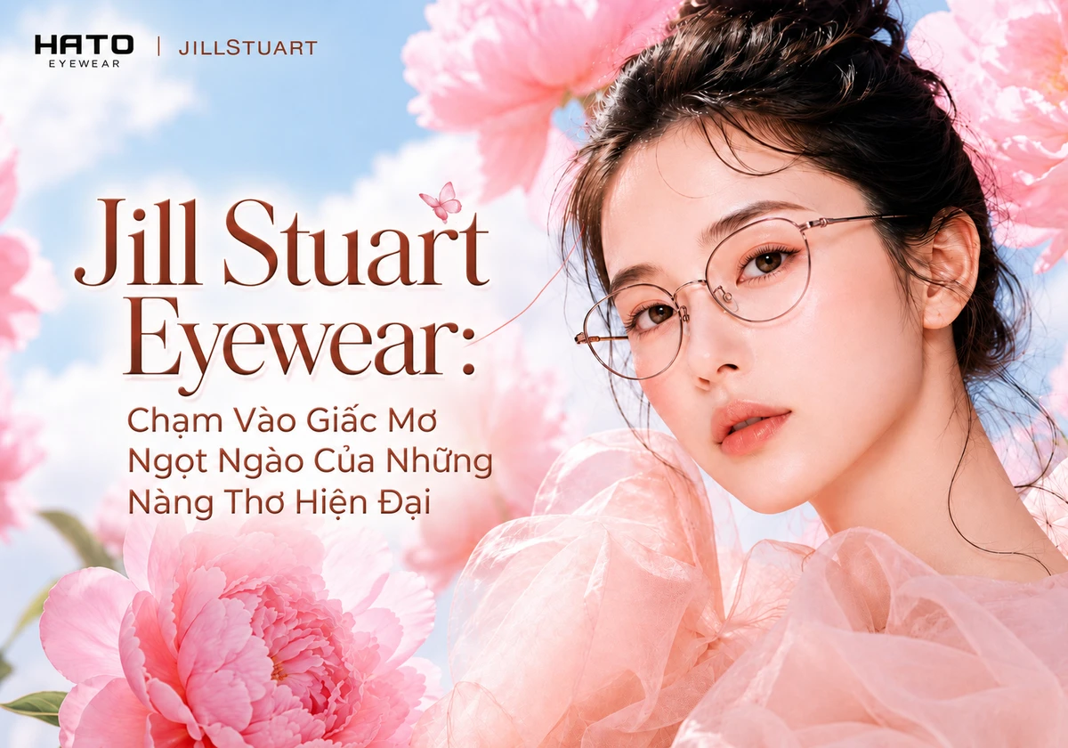 Người mẫu nữ đeo gọng kính Jill Stuart Eyewear dáng oval thanh lịch trong khung cảnh hoa hồng pastel ngọt ngào tại Hato Eyewear