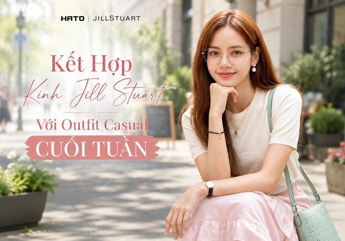 Ảnh lifestyle blog minh họa cách phối gọng kính Jill Stuart với outfit casual cuối tuần, mang phong cách trẻ trung, nữ tính, thanh lịch và phù hợp cho những buổi dạo phố nhẹ nhàng.