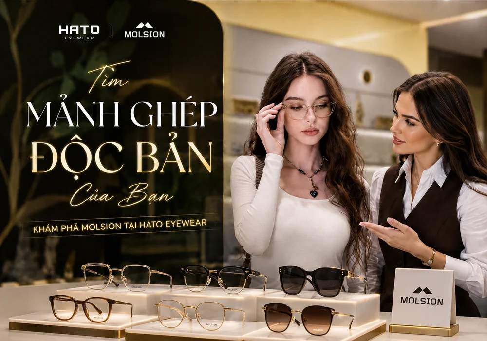 Khách hàng trải nghiệm các mẫu gọng kính và kính mát Molsion nổi bật tại showroom Hato Eyewear.