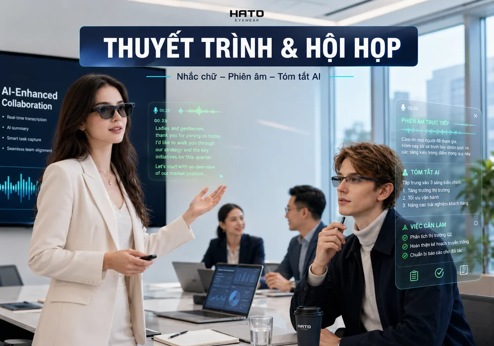 Hình ảnh minh họa ứng dụng kính AI trong công việc, với Rokid RV101 hỗ trợ nhắc chữ khi thuyết trình và kính thông minh hỗ trợ phiên âm trực tiếp, tóm tắt AI, ghi chú cùng danh sách công việc trong cuộc họp doanh nghiệp.