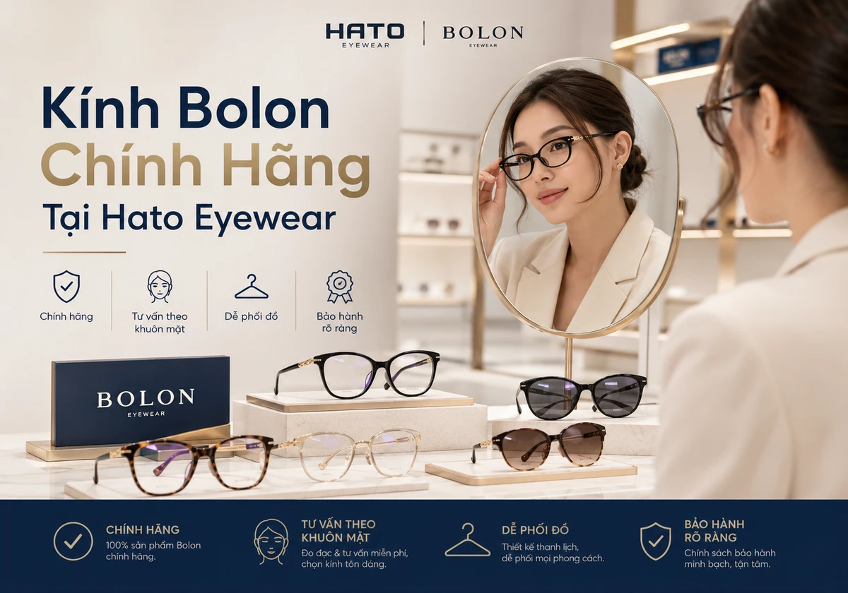Showroom Hato Eyewear trưng bày kính Bolon chính hãng với nhiều mẫu gọng kính và kính mát sang trọng, có người mẫu thử kính tại cửa hàng.