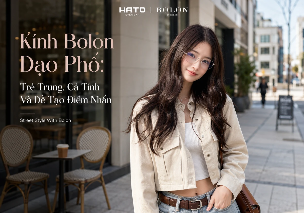 Ảnh blog kính Bolon dạo phố tại Hato Eyewear, thể hiện phong cách trẻ trung, cá tính, hiện đại và dễ phối đồ.