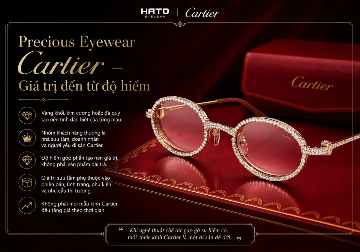 Kính Precious Eyewear Cartier đính kim cương, chế tác từ vật liệu quý và có giá trị nhờ độ hiếm.