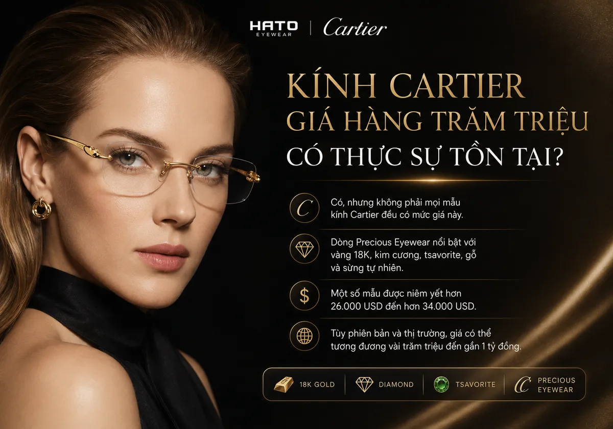 Kính Cartier giá hàng trăm triệu thuộc dòng Precious Eyewear chế tác từ vàng 18K, kim cương và đá tsavorite.