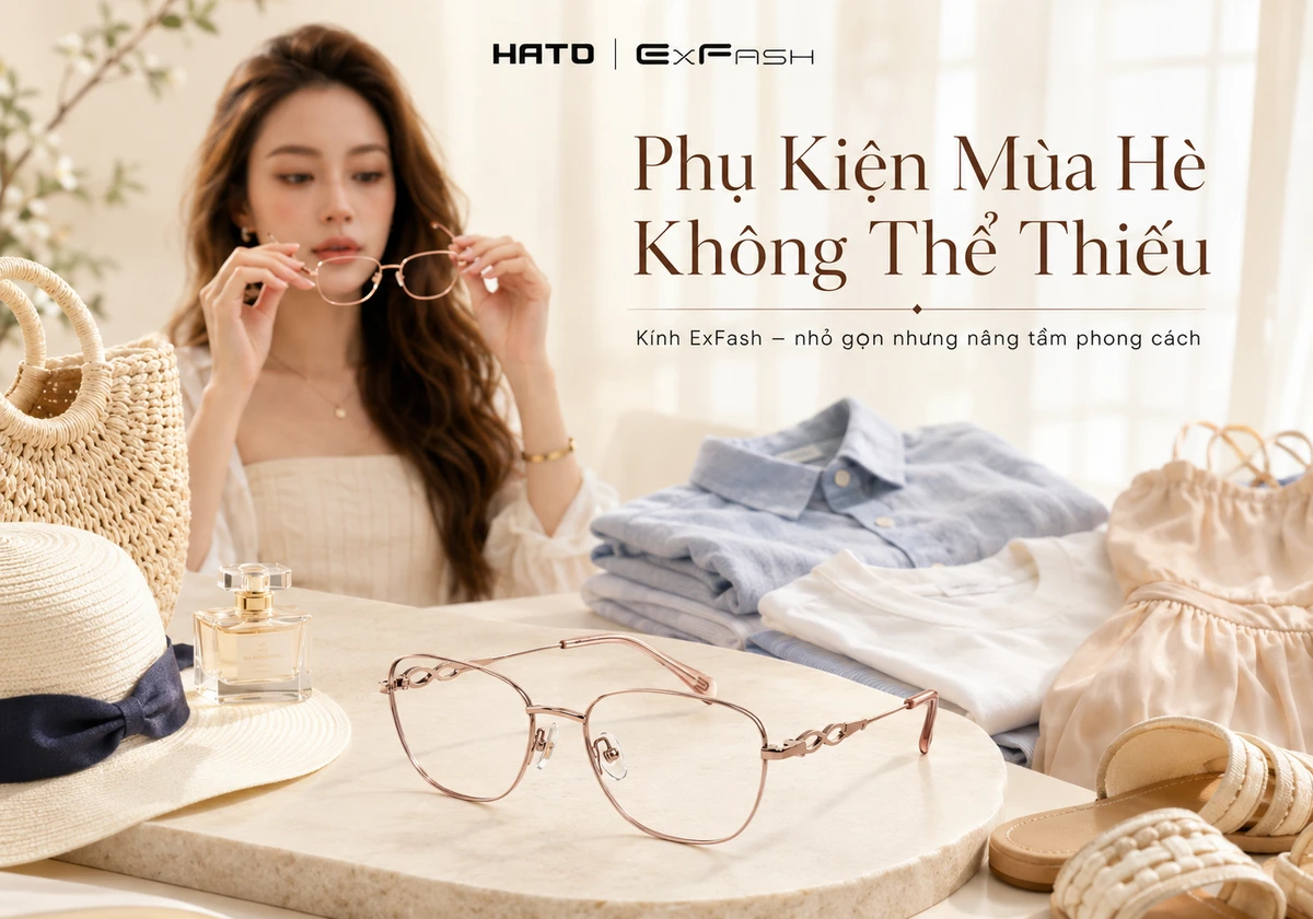 Ảnh lifestyle blog giới thiệu kính ExFash như phụ kiện mùa hè không thể thiếu, nổi bật với thiết kế thanh lịch, nhỏ gọn và dễ nâng tầm phong cách tại Hato Eyewear.