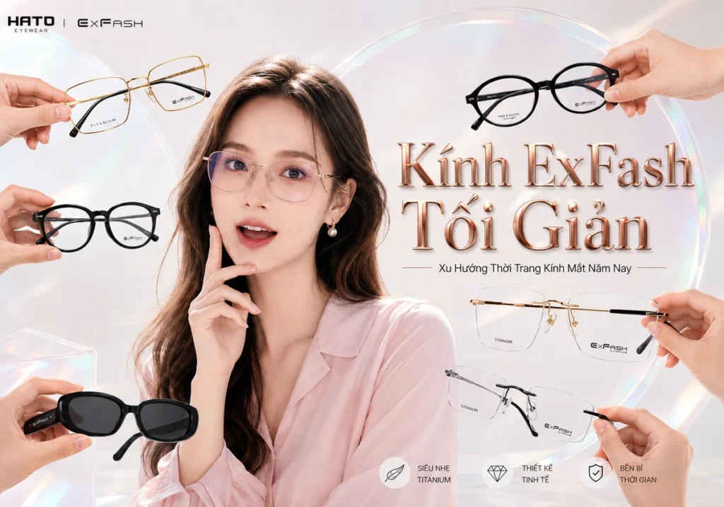 Ảnh đại diện blog giới thiệu xu hướng thời trang kính mắt năm nay với các thiết kế kính ExFash tối giản, thanh lịch, nhẹ, bền và phù hợp phong cách hiện đại tại Hato Eyewear.