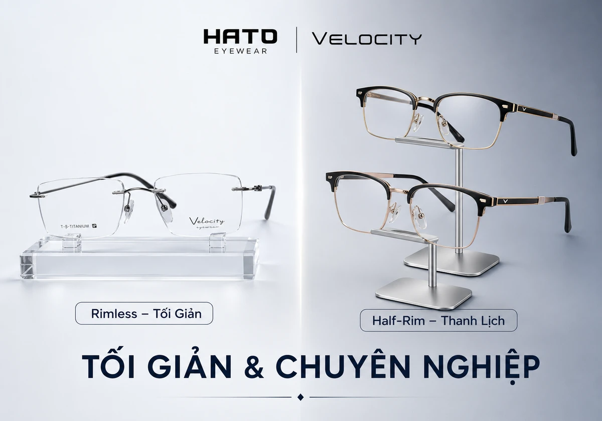 Ảnh minh họa so sánh kính không gọng và kính nửa gọng Velocity với thiết kế tối giản, thanh lịch và chuyên nghiệp tại Hato Eyewear.