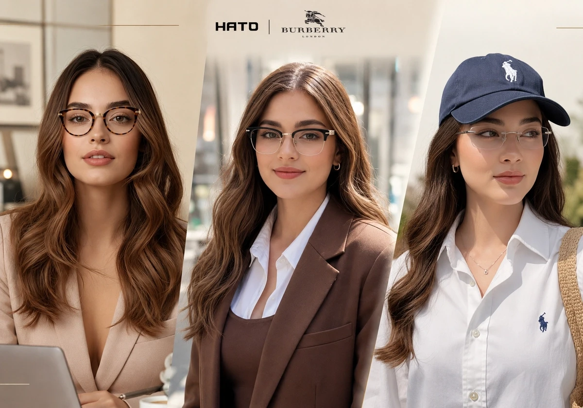 Ba mẫu nữ đeo gọng kính Burberry dáng tròn, browline và không gọng, thể hiện phong cách kính mắt công sở thanh lịch tại Hato Eyewear.