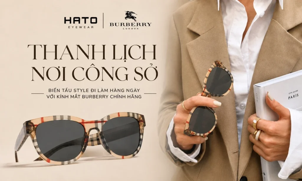 Phong cách công sở thanh lịch với kính mát Burberry họa tiết kẻ ô phối cùng blazer màu beige tại Hato Eyewear.