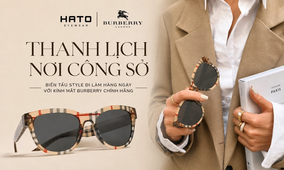 Phong cách công sở thanh lịch với kính mát Burberry họa tiết kẻ ô phối cùng blazer màu beige tại Hato Eyewear.