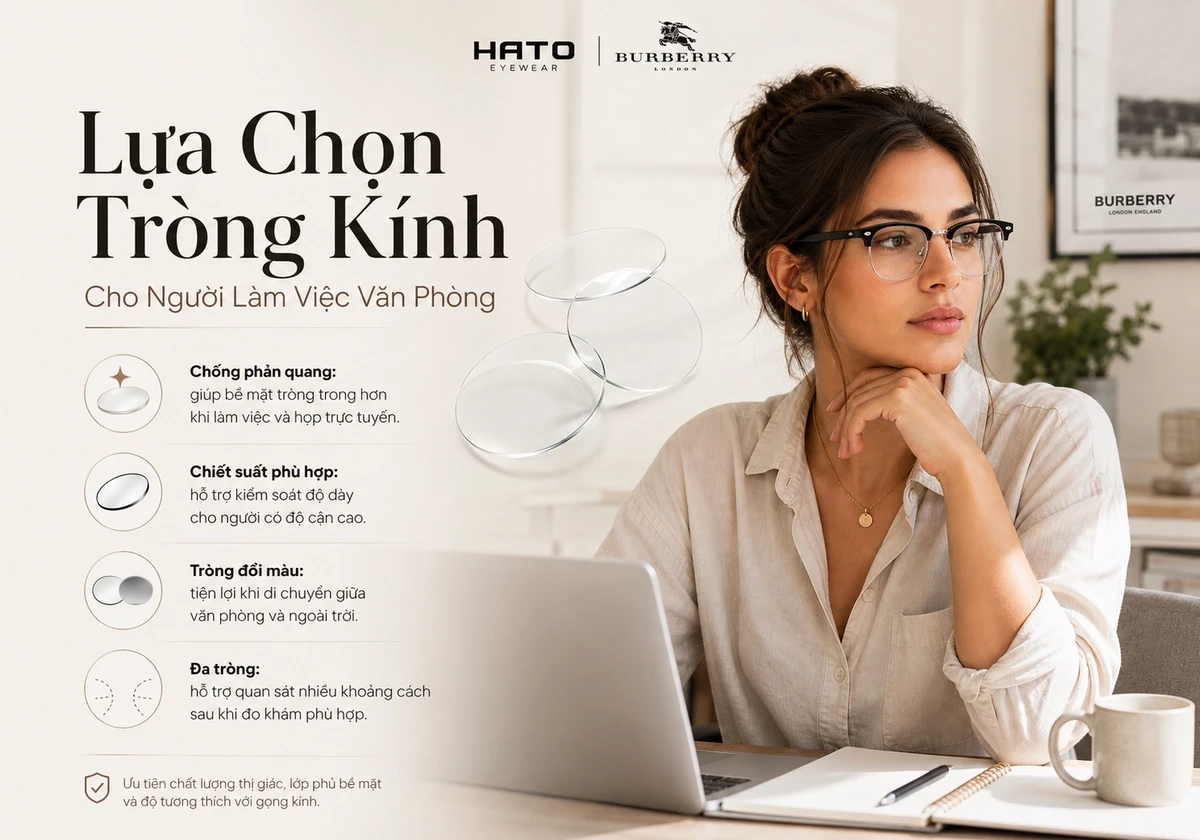 Hướng dẫn lựa chọn tròng kính cho người làm việc văn phòng với tròng chống phản quang, chiết suất cao, đổi màu và đa tròng tại Hato Eyewear.