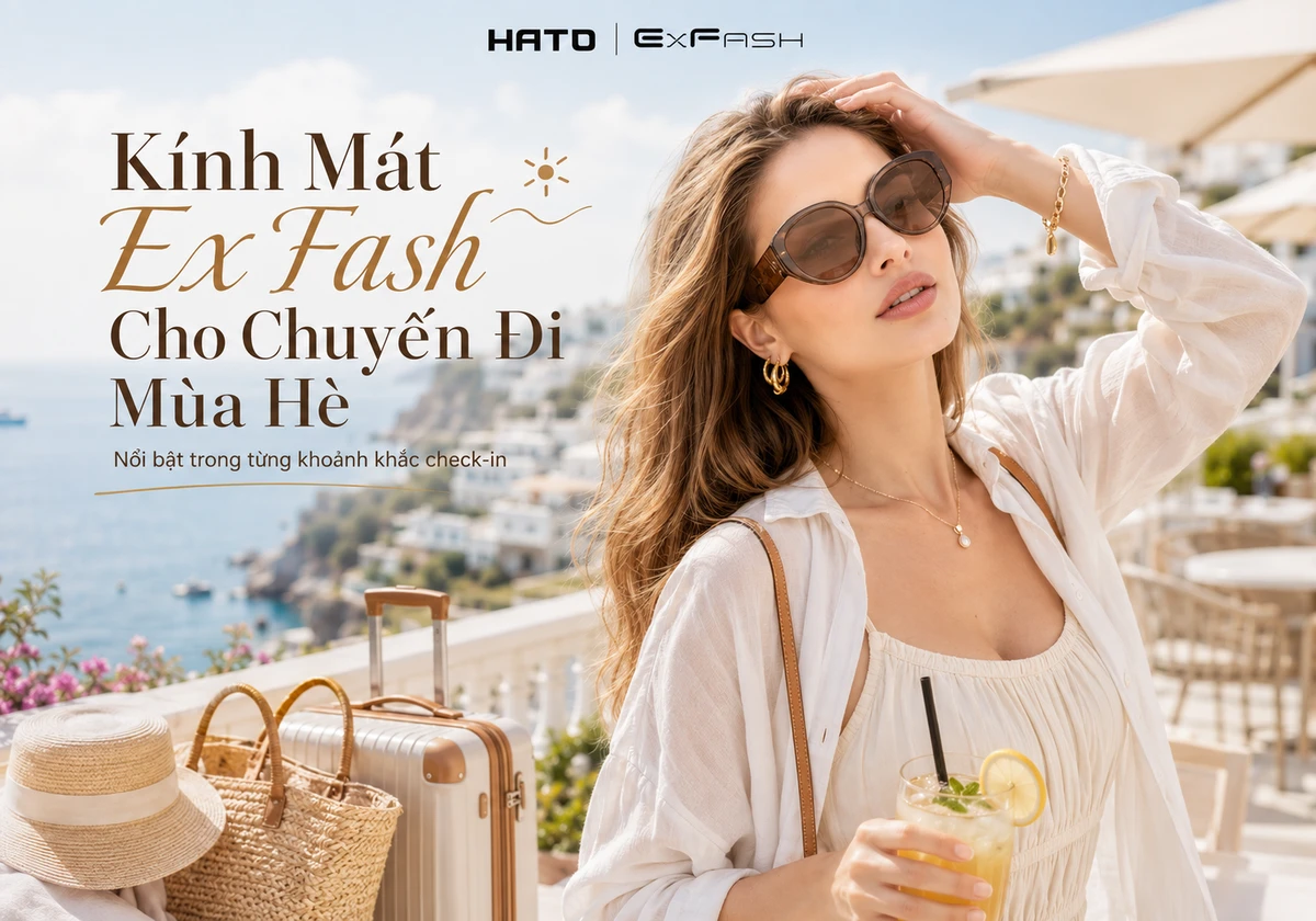 Người mẫu nữ đeo kính mát ExFash trong không gian resort biển mùa hè, phong cách thanh lịch và thời trang tại Hato Eyewear.