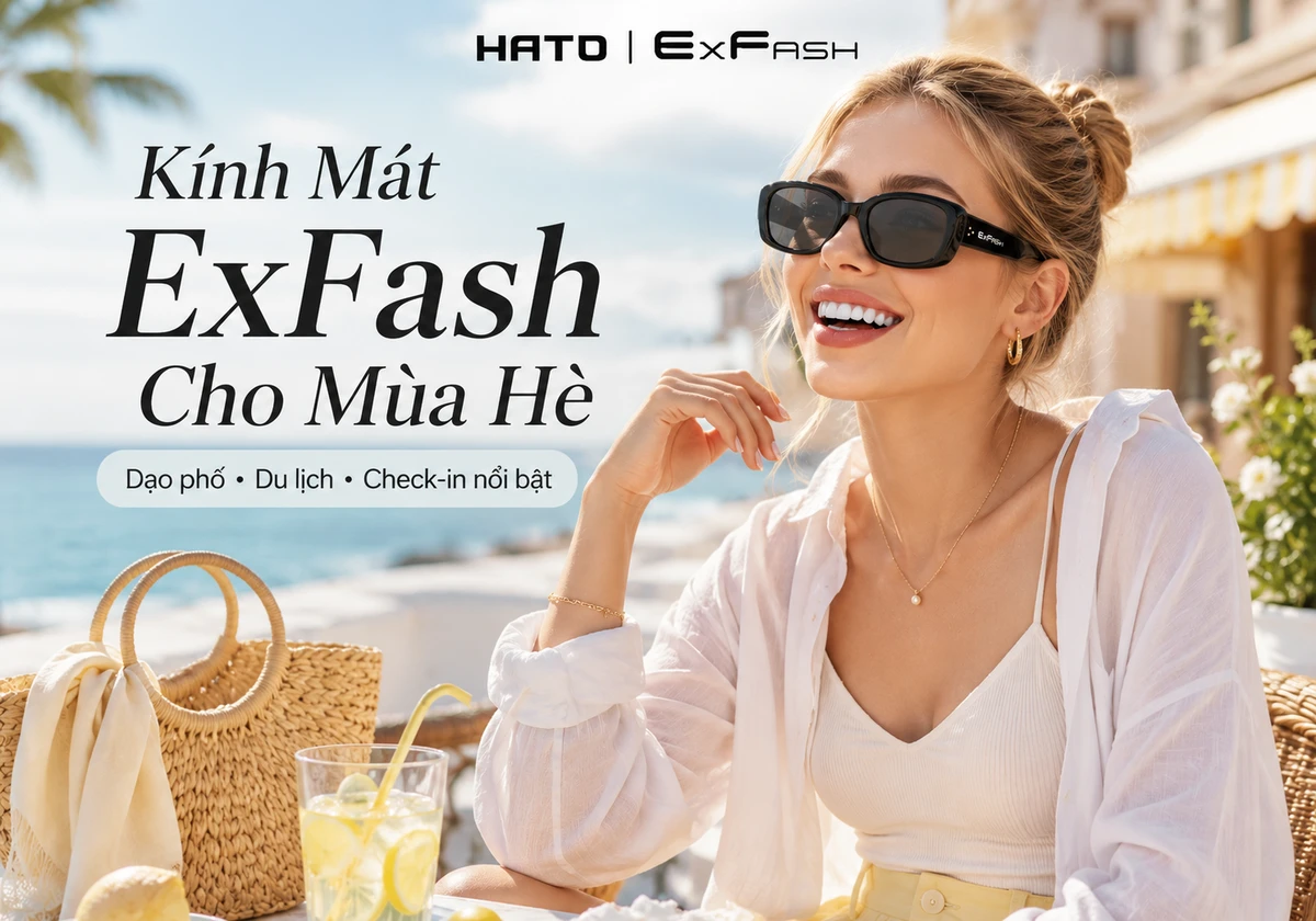 Ảnh lifestyle fashion blog giới thiệu kính mát ExFash cho mùa hè tại Hato Eyewear. Hình ảnh thể hiện người mẫu nữ trẻ đeo kính mát ExFash trong bối cảnh ngoài trời nắng nhẹ, phối cùng outfit mùa hè thanh lịch với áo linen trắng, áo hai dây và phụ kiện lifestyle, mang đến cảm giác thời trang, nổi bật và cao cấp.