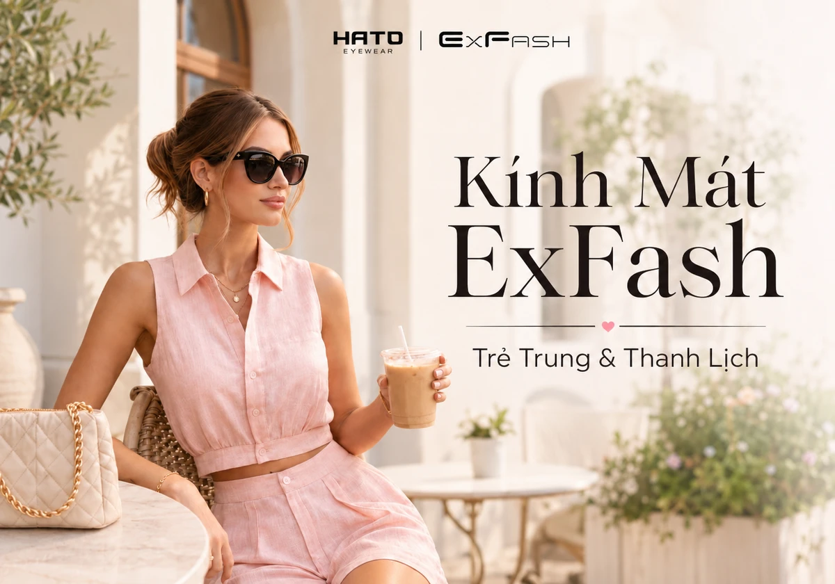 Ảnh đại diện blog kính mát ExFash với hình ảnh người mẫu nữ đeo kính phong cách trẻ trung, thanh lịch và hiện đại. Thiết kế phù hợp cho bài viết giới thiệu bộ sưu tập kính mát ExFash tại Hato Eyewear, nổi bật với bố cục sáng sạch, premium và dễ đọc trên điện thoại.