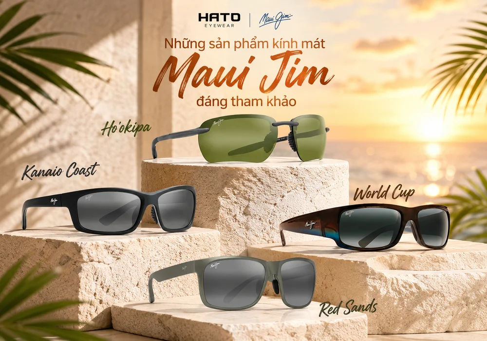 Bốn mẫu kính mát Maui Jim Ho’okipa, Kanaio Coast, World Cup và Red Sands trưng bày trên bệ đá nghệ thuật tại Hato Eyewear.