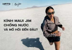 Kính Maui Jim chống nước và mồ hôi được người mẫu đeo khi chạy bộ ngoài trời dưới ánh nắng mạnh.