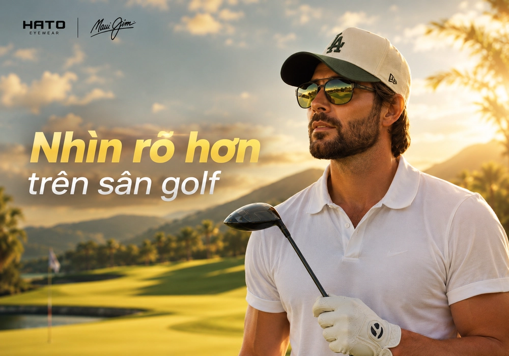 Golfer đeo kính Maui Jim có độ trên sân golf, hỗ trợ tăng độ tương phản và quan sát địa hình rõ ràng hơn.
