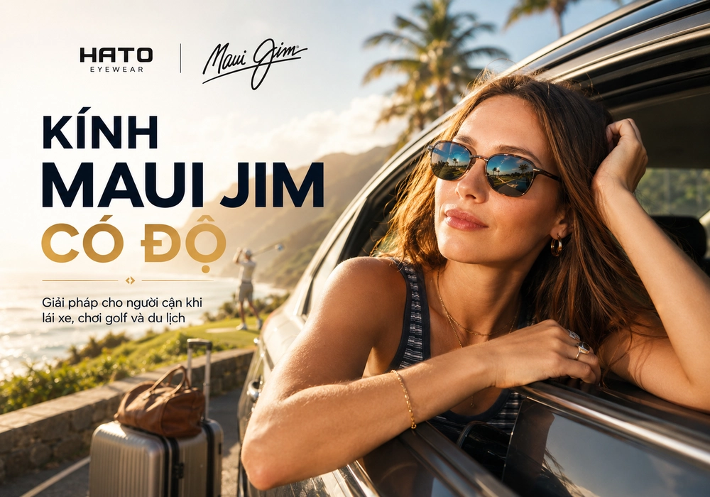 Người phụ nữ đeo kính Maui Jim có độ bên ô tô trong khung cảnh biển Hawaii, phù hợp cho người cận khi lái xe, chơi golf và du lịch.