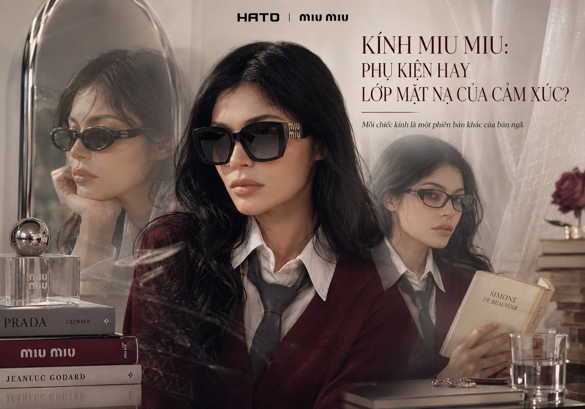 Kính Miu Miu như lớp mặt nạ cảm xúc, thể hiện ba phiên bản bản ngã qua kính oval Y2K, kính vuông bản lớn và gọng Geek Chic.