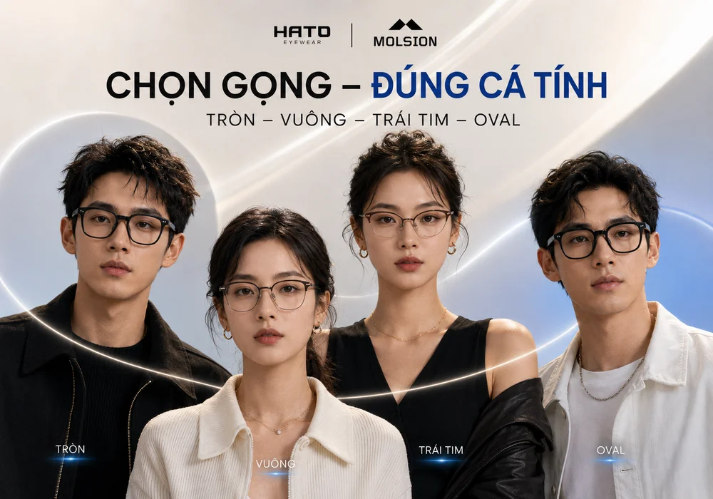 Infographic hướng dẫn chọn gọng kính Molsion phù hợp với khuôn mặt tròn, vuông, trái tim và oval tại Hato Eyewear.