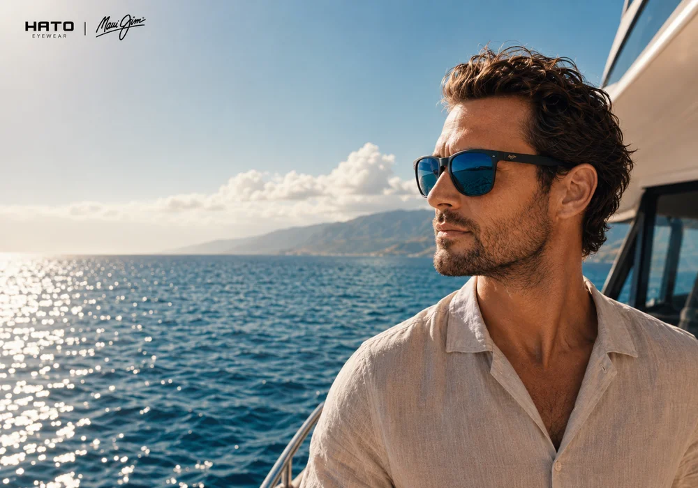Người mẫu đeo kính phân cực Maui Jim trên du thuyền, tròng kính giúp giảm chói và tăng độ tương phản khi nhìn ra biển.