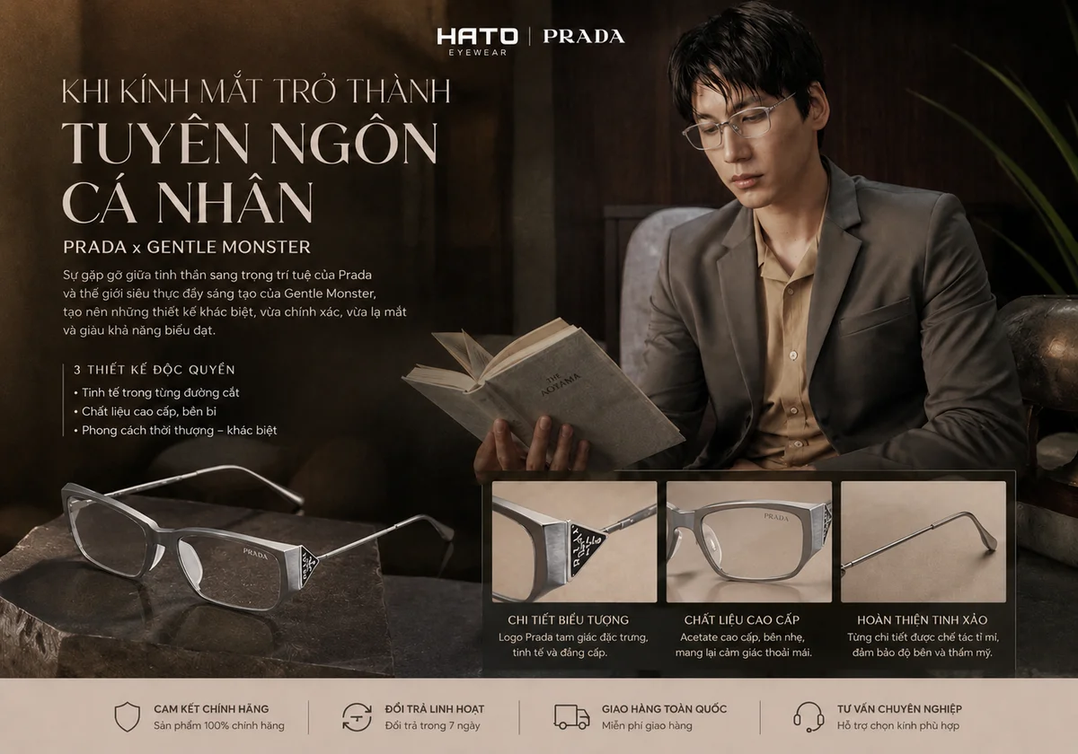 Người mẫu nam đeo kính Prada x Gentle Monster phong cách cao cấp, kết hợp thiết kế biểu tượng và chất liệu hoàn thiện tinh xảo.