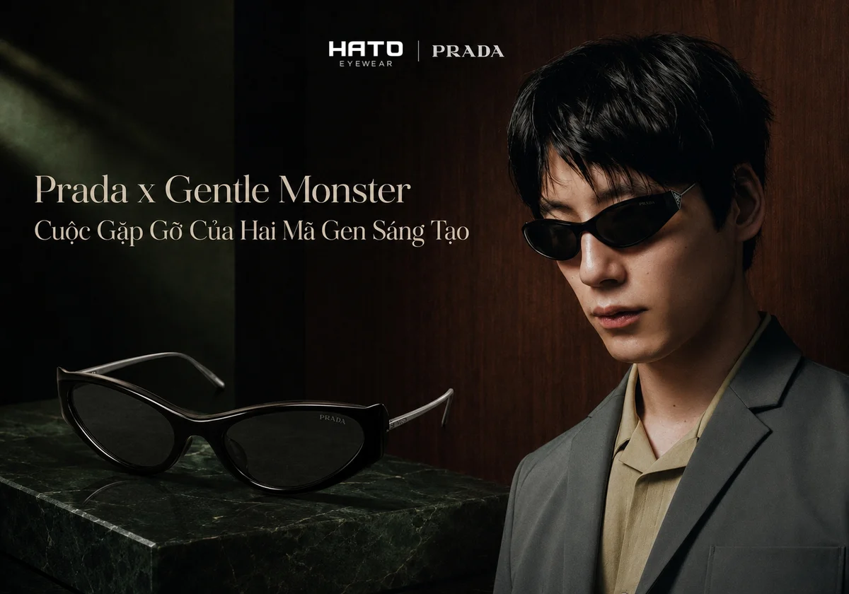Kính Prada x Gentle Monster phong cách điêu khắc hiện đại cùng người mẫu nam trong không gian thời trang cao cấp.