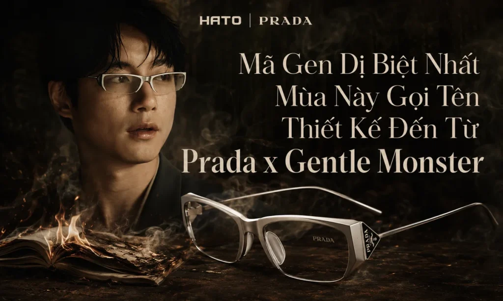 Ảnh đại diện Prada x Gentle Monster với thiết kế kính độc đáo, người mẫu nam và không gian nghệ thuật tối màu, thể hiện tinh thần thời trang khác biệt.