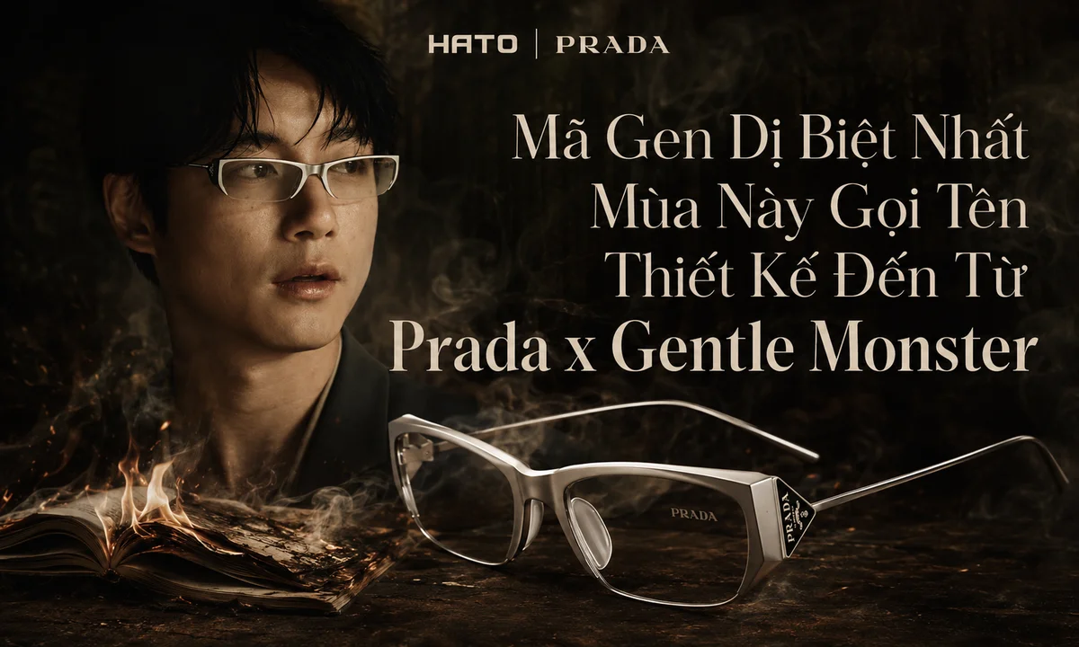 Ảnh đại diện Prada x Gentle Monster với thiết kế kính độc đáo, người mẫu nam và không gian nghệ thuật tối màu, thể hiện tinh thần thời trang khác biệt.
