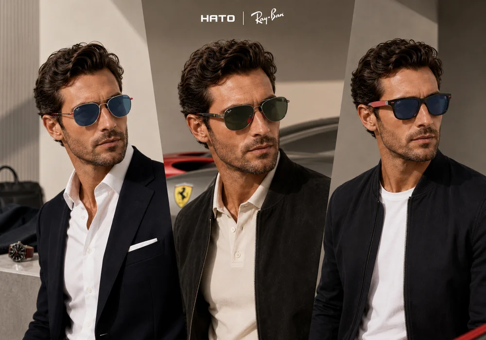 Ảnh minh họa phong cách phối đồ với kính Ray-Ban Ferrari dành cho nam giới yêu thích vẻ ngoài sang trọng, hiện đại và thể thao cao cấp. Thiết kế thể hiện ba cách phối trang phục gồm blazer công sở, áo polo năng động và bomber jacket casual, kết hợp cùng các mẫu kính Ray-Ban Ferrari có chi tiết đỏ đặc trưng, giúp tổng thể nổi bật nhưng vẫn tinh tế.