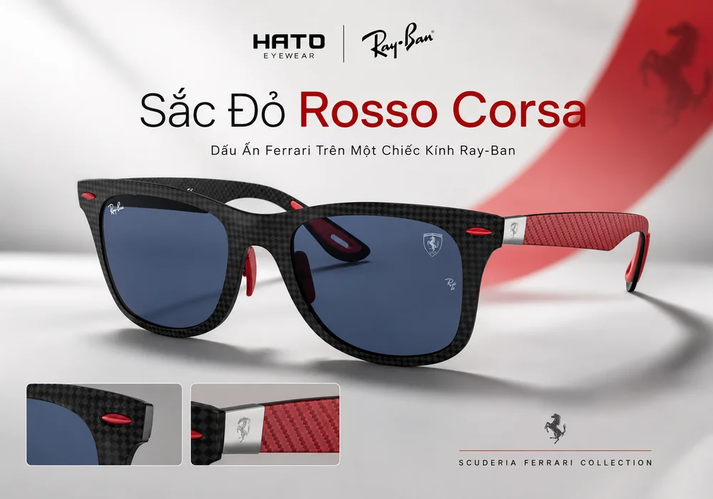 Khám phá kính Ray-Ban Ferrari Rosso Corsa với sắc đỏ thể thao đặc trưng, thiết kế carbon cao cấp và phong cách sang trọng tại Hato Eyewear.