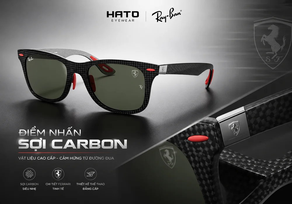 Khám phá điểm nhấn sợi carbon trên kính Ray-Ban Ferrari tại Hato Eyewear – thiết kế cao cấp, thể thao, mạnh mẽ và đậm cảm hứng đường đua.