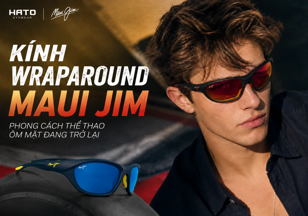 Người mẫu nam đeo kính wraparound Maui Jim tròng đỏ ôm sát khuôn mặt, bên cạnh là mẫu kính thể thao tròng xanh trong thiết kế ảnh đại diện blog cao cấp.
