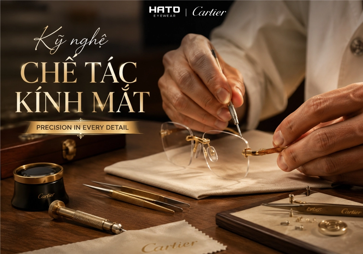 Nghệ nhân thực hiện công đoạn chế tác và hoàn thiện kính mắt Cartier cao cấp với dụng cụ chuyên dụng tại Hato Eyewear.