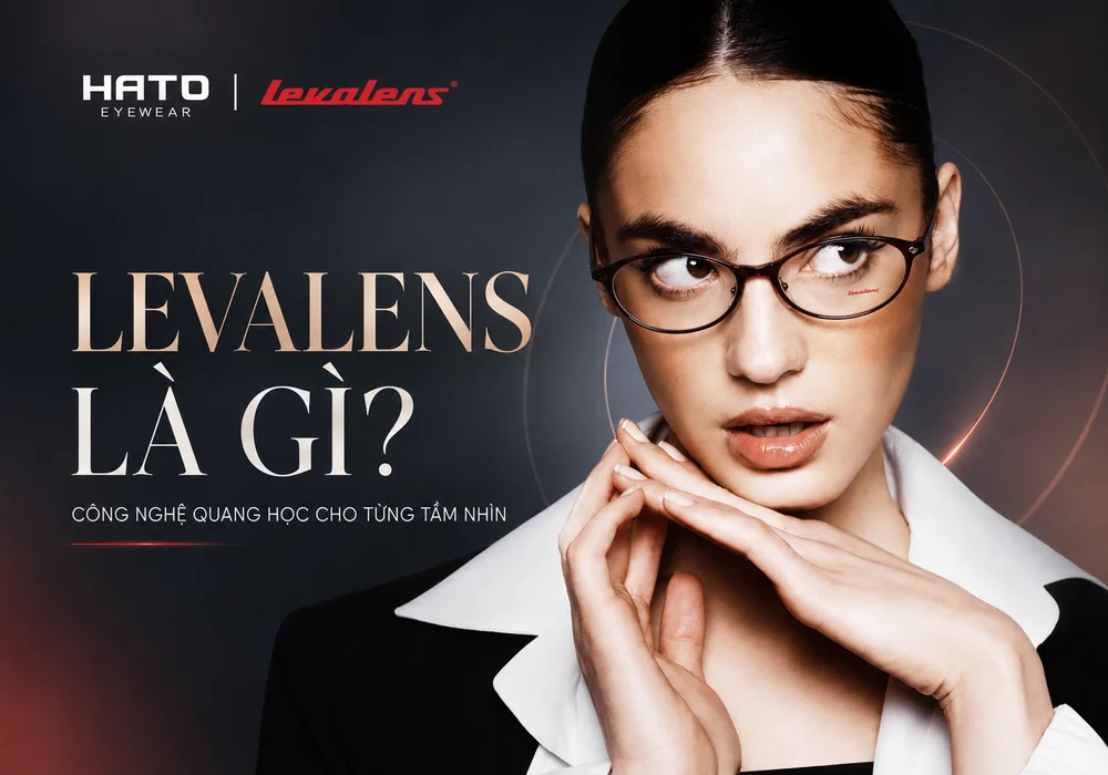Người mẫu đeo kính Levalens minh họa công nghệ tròng kính cá nhân hóa tại Hato Eyewear