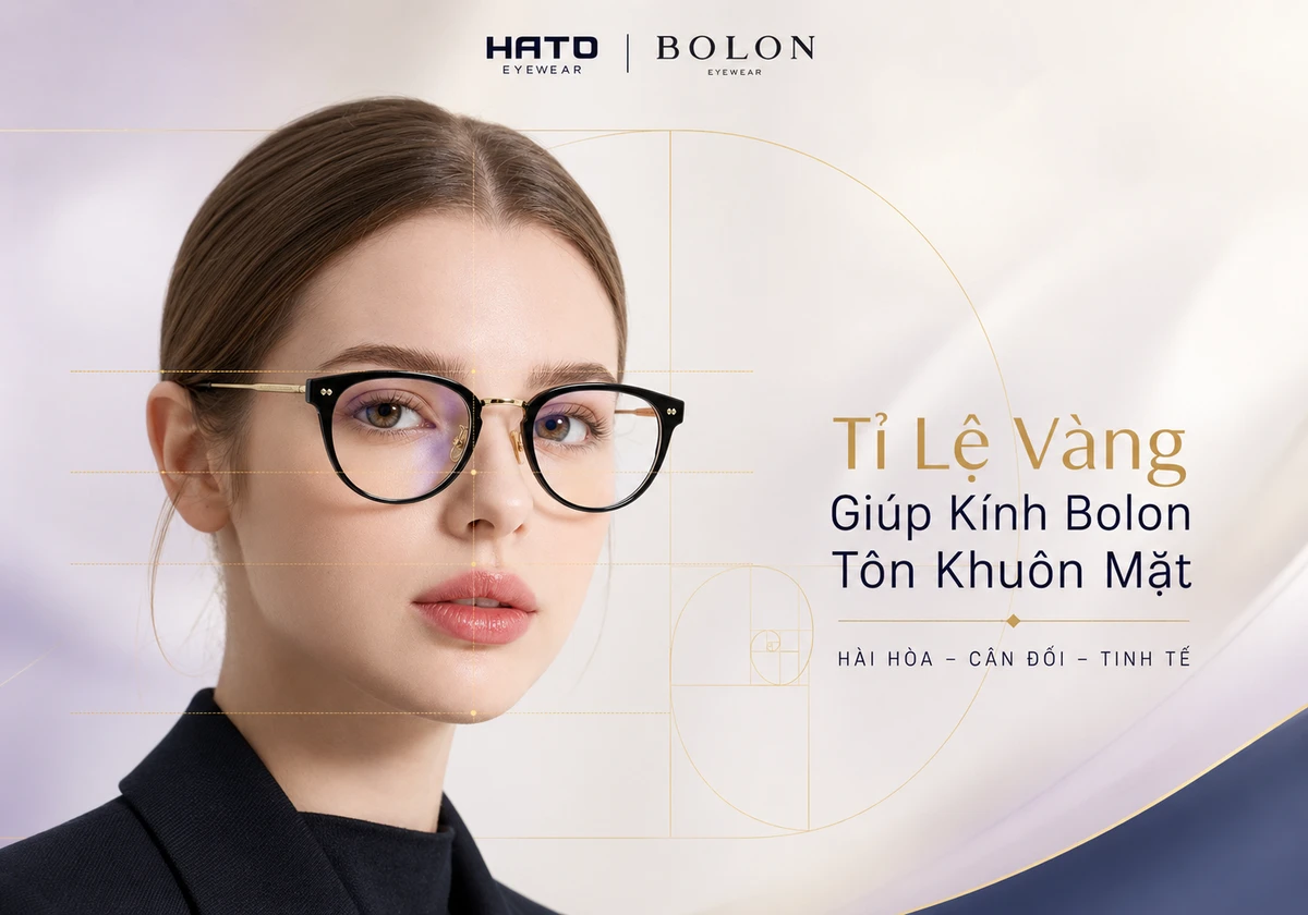 Người mẫu đeo mắt kính Bolon với đường tỉ lệ vàng khuôn mặt, giúp gương mặt cân đối và thời trang hơn tại Hato Eyewear.