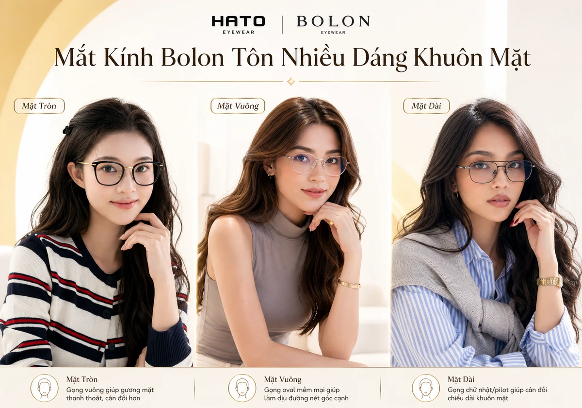 Ảnh lifestyle fashion blog giới thiệu các mẫu mắt kính Bolon phù hợp với nhiều dáng khuôn mặt như mặt tròn, mặt vuông và mặt dài. Thiết kế hình ảnh theo phong cách lookbook kính mắt cao cấp, trẻ trung và thanh lịch, giúp người đọc dễ hình dung cách chọn gọng kính Bolon phù hợp với khuôn mặt.
