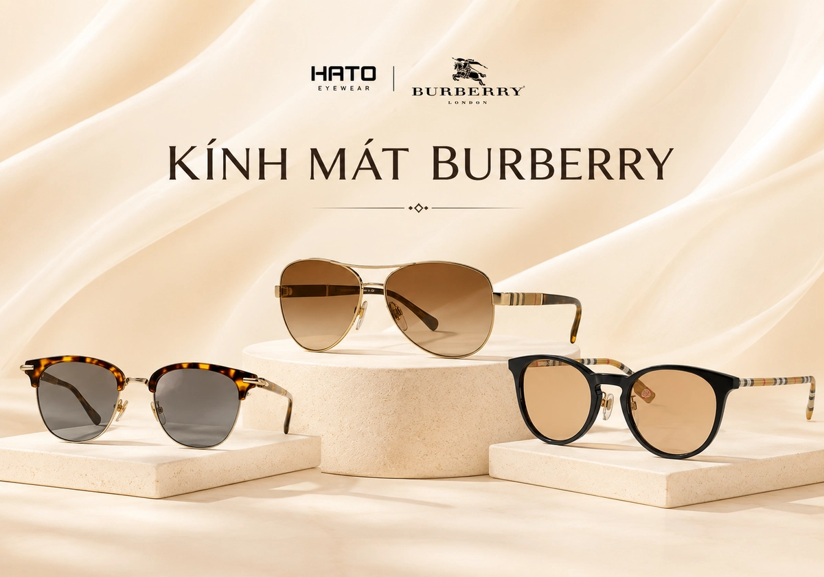 Ba mẫu kính mát Burberry cao cấp gồm kính browline, kính phi công và kính gọng tròn được trưng bày trên nền lụa màu kem sang trọng tại Hato Eyewear.