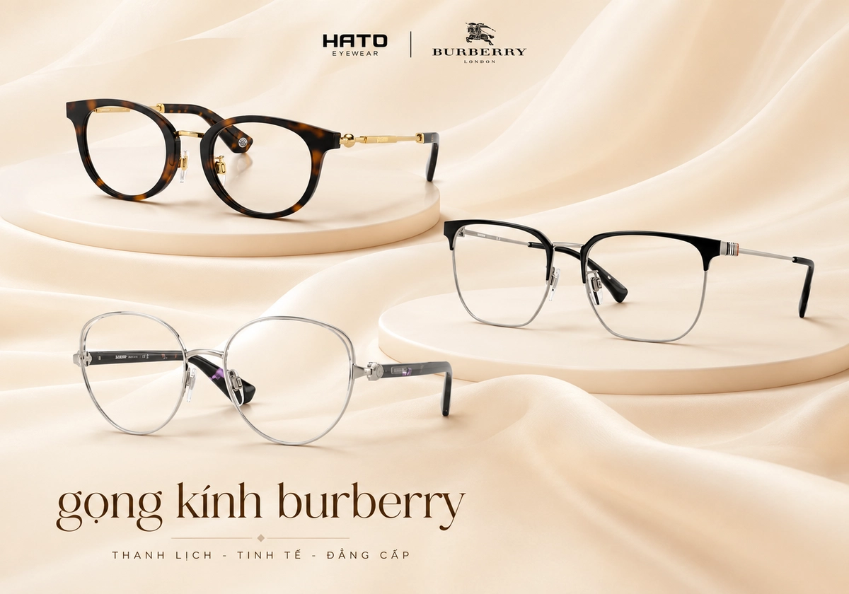Bộ sưu tập ba mẫu gọng kính Burberry cao cấp trên nền lụa màu kem tại Hato Eyewear.