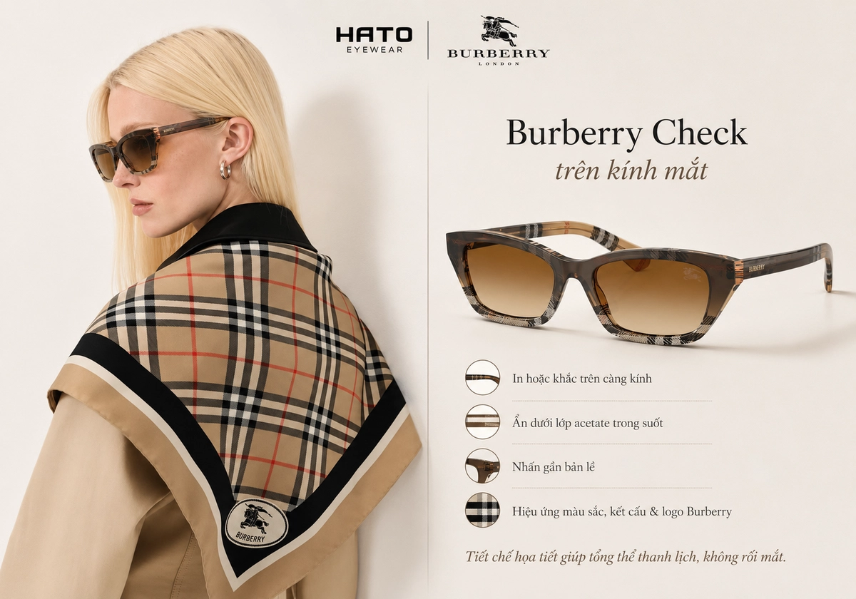 Người mẫu đeo kính Burberry họa tiết Check bên cạnh hình ảnh sản phẩm kính mát Burberry tại Hato Eyewear.
