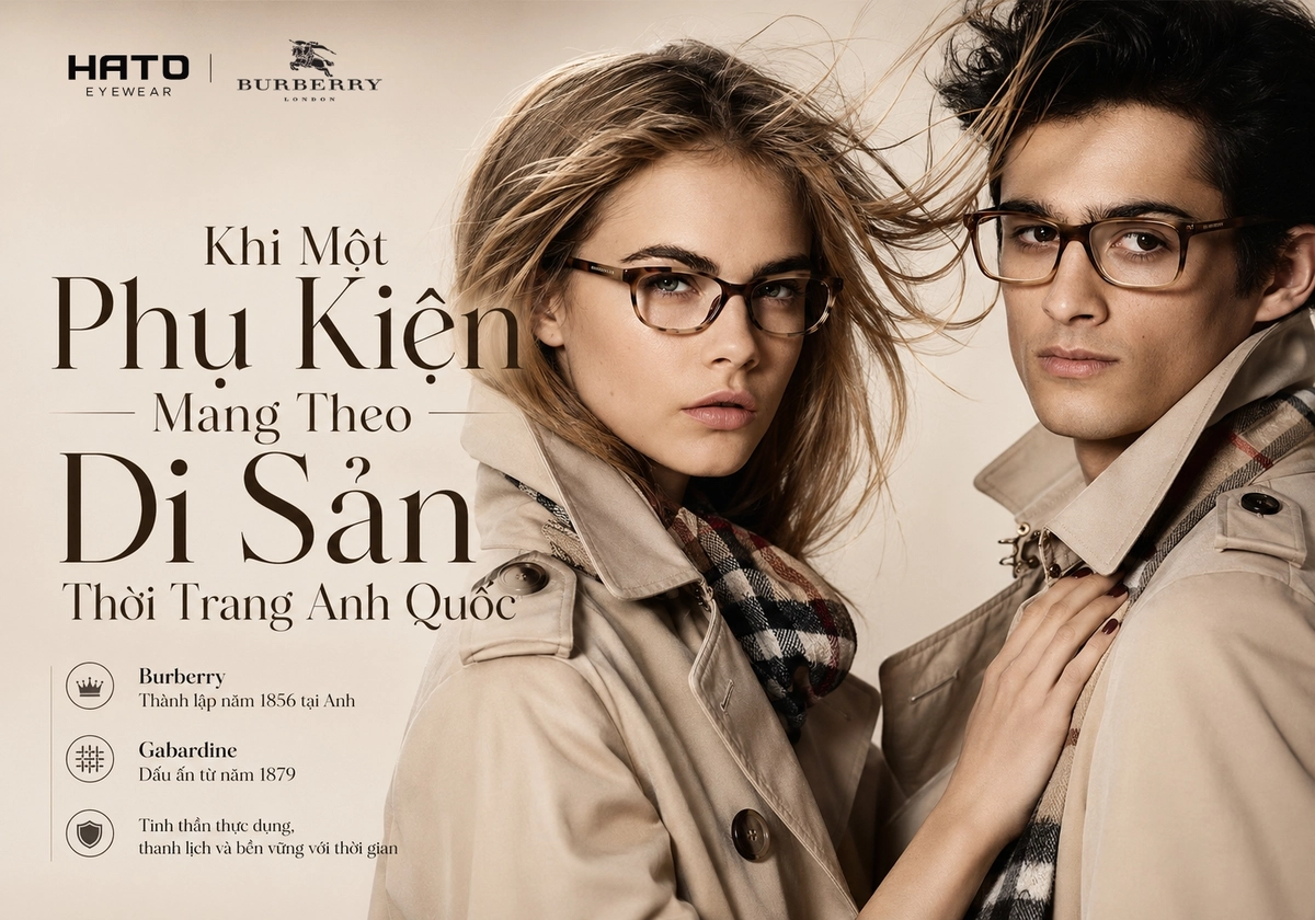 Người mẫu nam và nữ đeo kính Burberry cùng trang phục trench coat, minh họa di sản thời trang Anh Quốc tại Hato Eyewear.