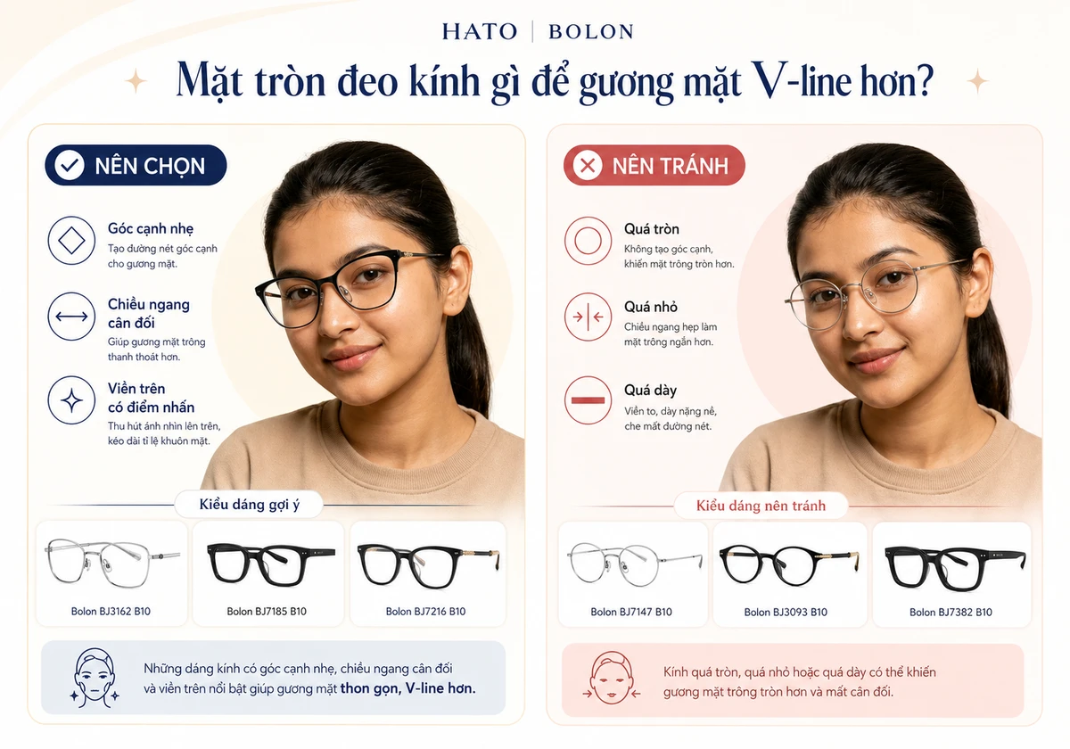 Infographic so sánh chọn gọng kính Bolon cho mặt tròn với các dáng nên chọn như chữ nhật bo góc, vuông bo mềm, mắt mèo nhẹ và các dáng nên tránh như kính tròn nhỏ, gọng dày.